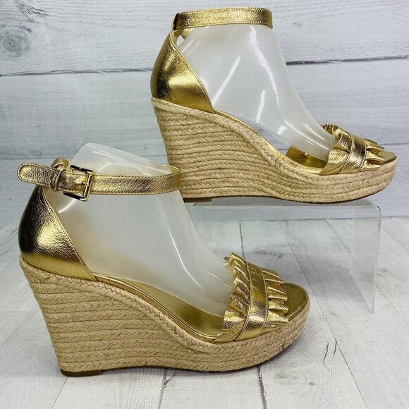 Michael Kors BELLA Gold Metallic Leather Ruffle Jute Platforms Sandals Sz 9 M 39 - Picture 5 of 12